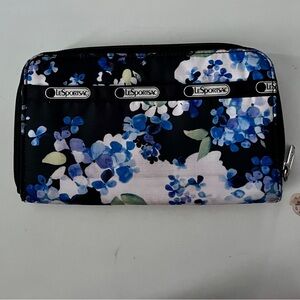 LeSportsac Black Floral Zip Wallet with Blue Accents